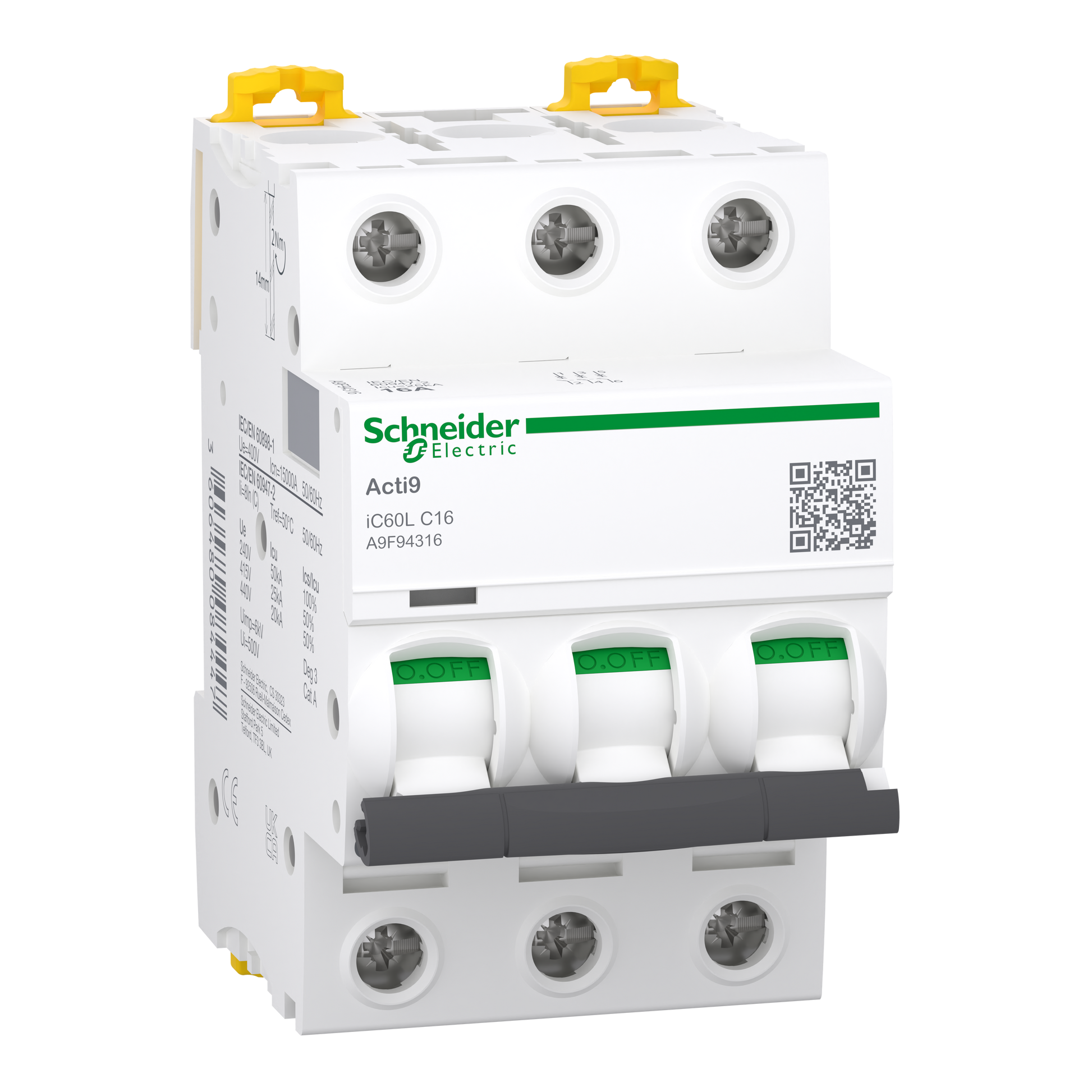 شنايدر إلكتريك Schneider A9F94316 Acti9 iC60L MCB قاطع أوتوماتيك, 3P 3 قطب, 16 أمبير, منحنى C | قاطع MCB أوتوماتيك