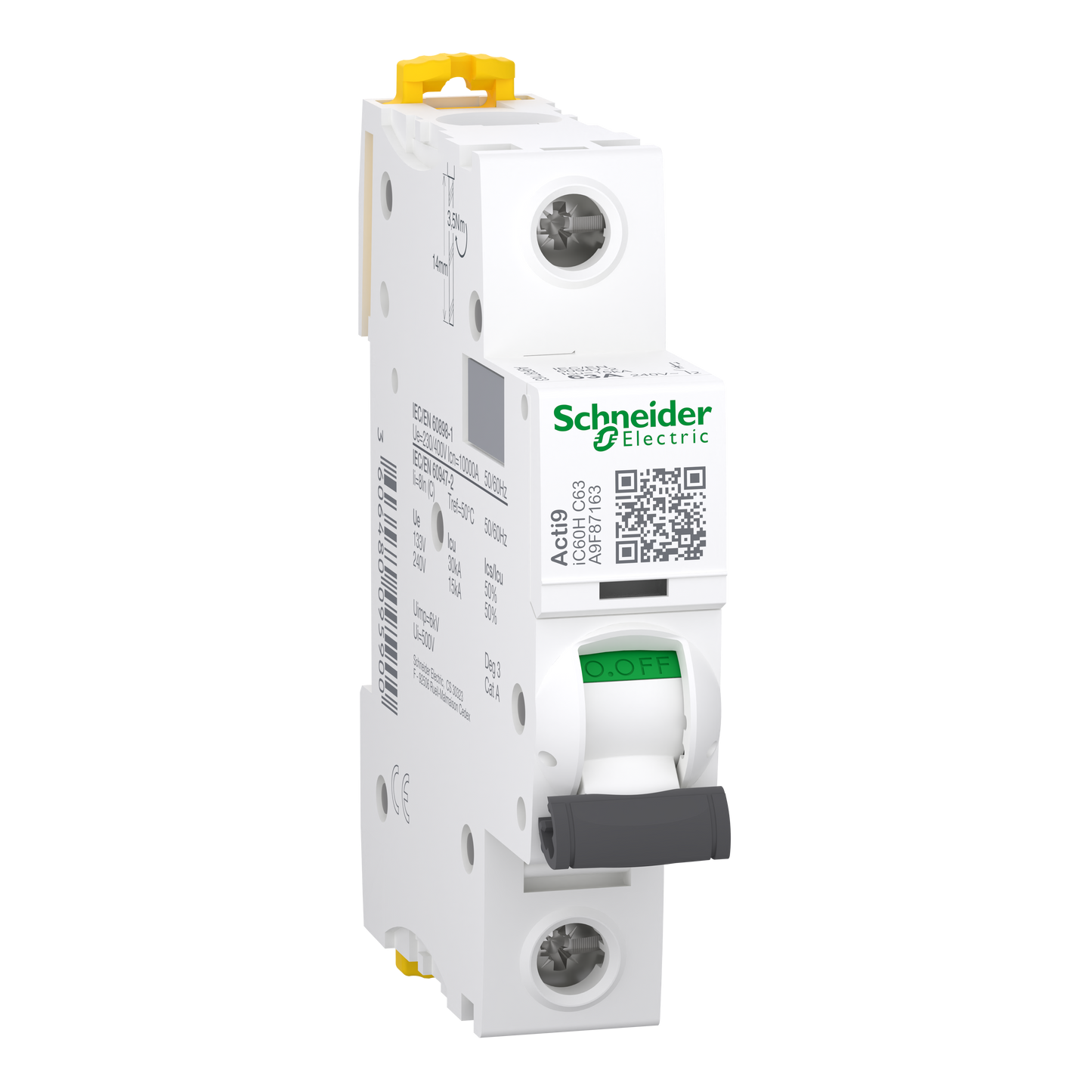 شنايدر إلكتريك Schneider A9F87163 Acti9 iC60H MCB قاطع أوتوماتيك, 1P 1 قطب, 63 أمبير, منحنى C, 15kA قدرة قطع | قاطع MCB أوتوماتيك