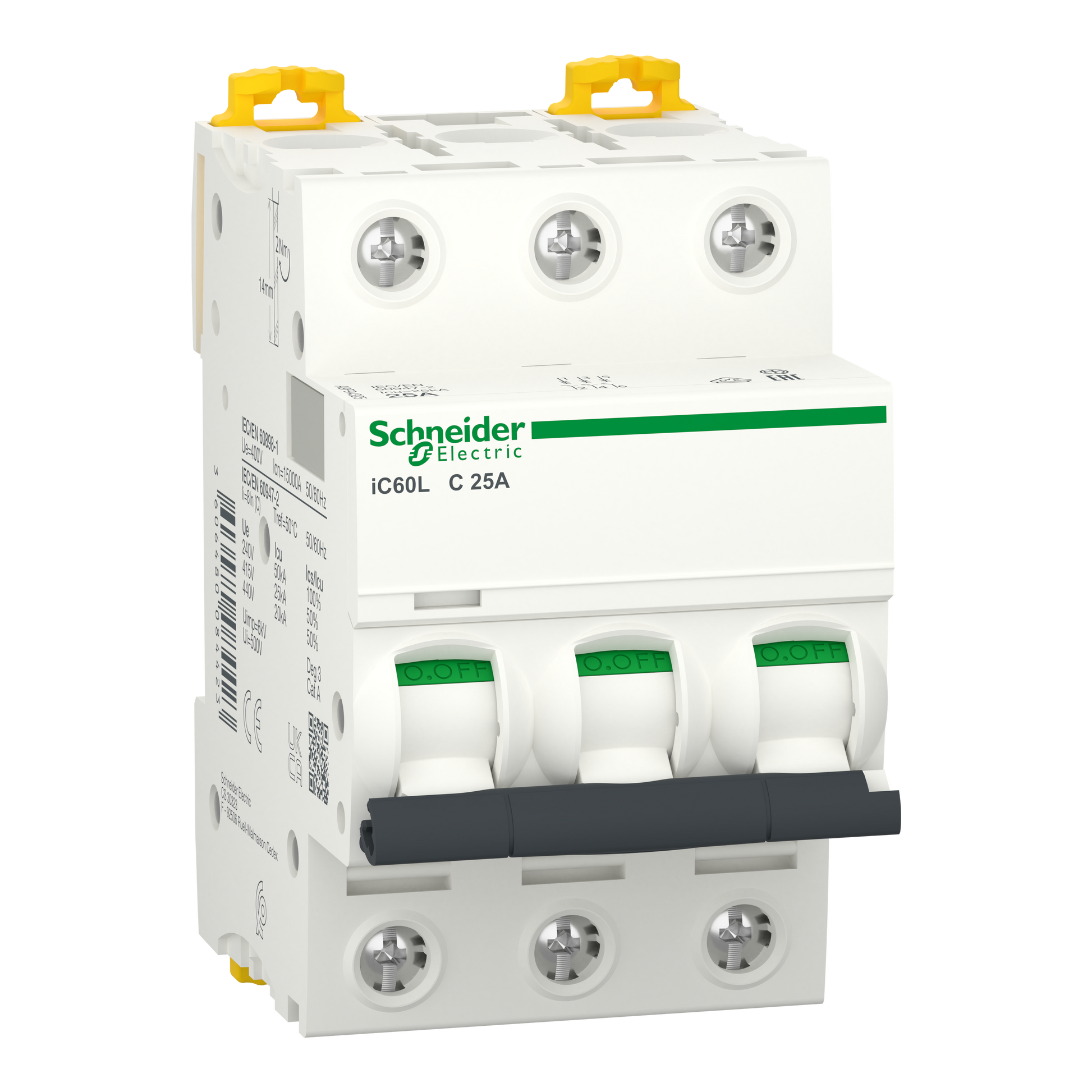 شنايدر إلكتريك Schneider A9F94325 Acti9 iC60L MCB قاطع أوتوماتيك, 3P 3 قطب, 25 أمبير, منحنى C | قاطع MCB أوتوماتيك