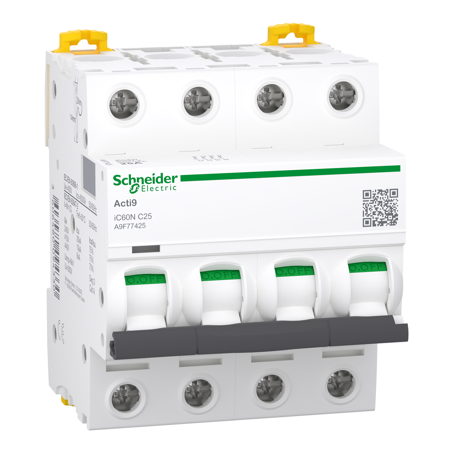 شنايدر إلكتريك Schneider A9F77425 Acti9 iC60N MCB قاطع أوتوماتيك, 4P 4 قطب, 25 أمبير, منحنى C | قاطع MCB أوتوماتيك