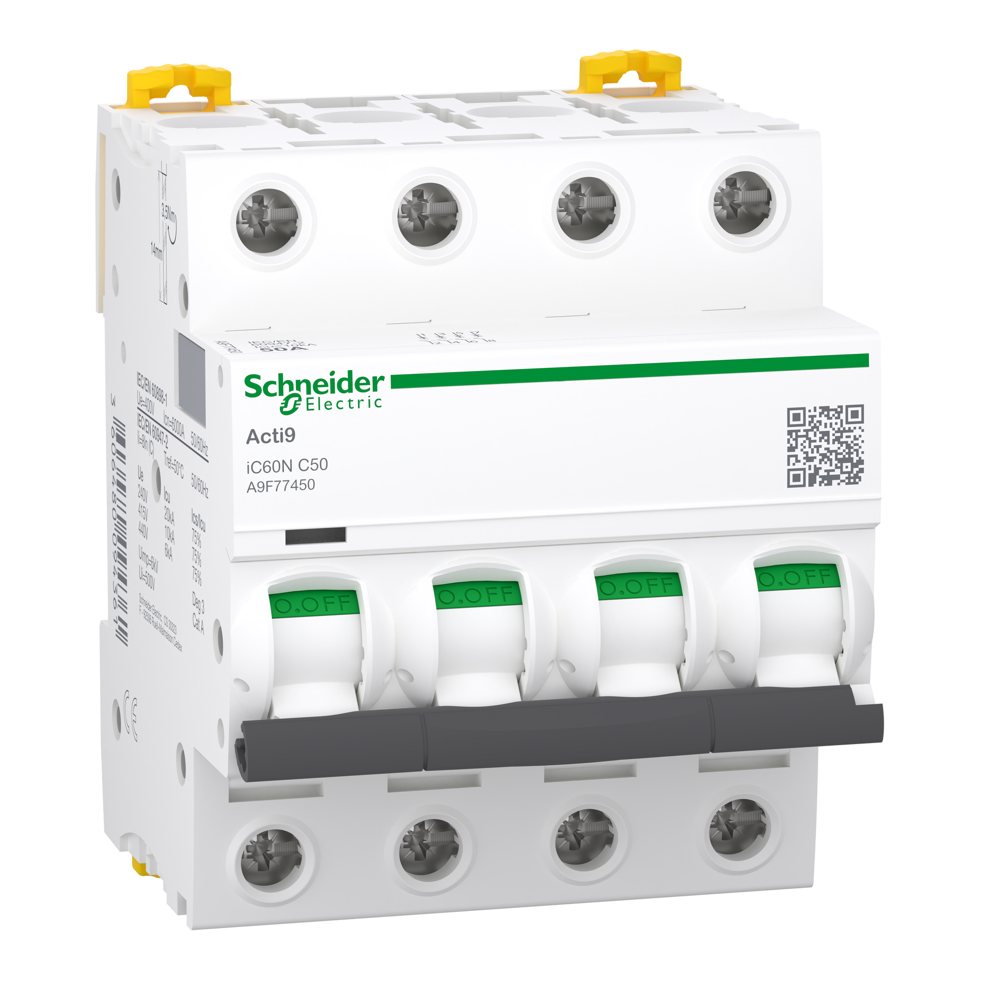 شنايدر إلكتريك Schneider A9F77450 Acti9 iC60N MCB قاطع أوتوماتيك, 4P 4 قطب, 50 أمبير, منحنى C | قاطع MCB أوتوماتيك