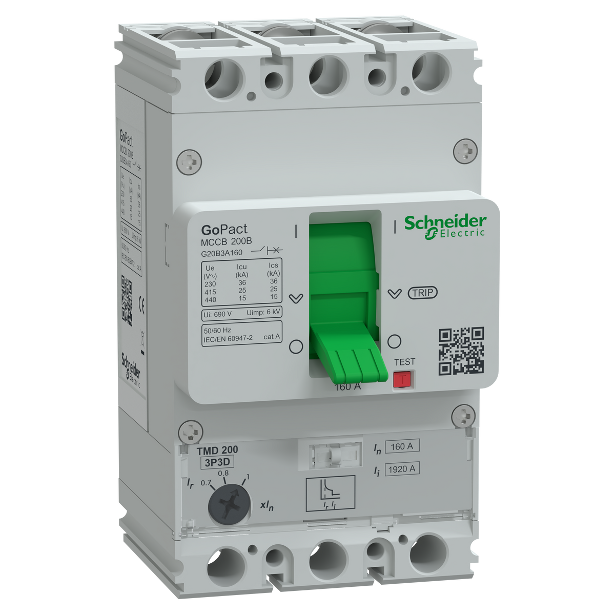 Schneider Electric G20B3A160 Circuit breaker, GoPact MCCB 200, 3 poles, 25kA at 415VAC, 160A rating, TMD trip unit, adjustable thermal protection | De