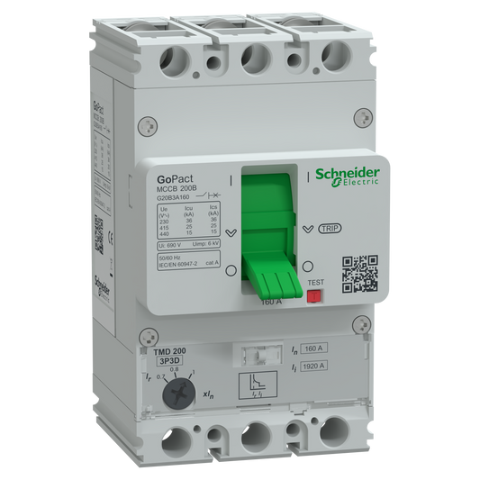 Schneider Electric G20B3A160 Circuit breaker, GoPact MCCB 200, 3 poles, 25kA at 415VAC, 160A rating, TMD trip unit, adjustable thermal protection | De