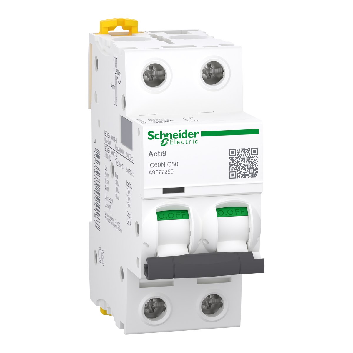 شنايدر إلكتريك Schneider A9F77250 Acti9 iC60N MCB قاطع أوتوماتيك, 2P 2 قطب, 50 أمبير, منحنى C | قاطع MCB أوتوماتيك