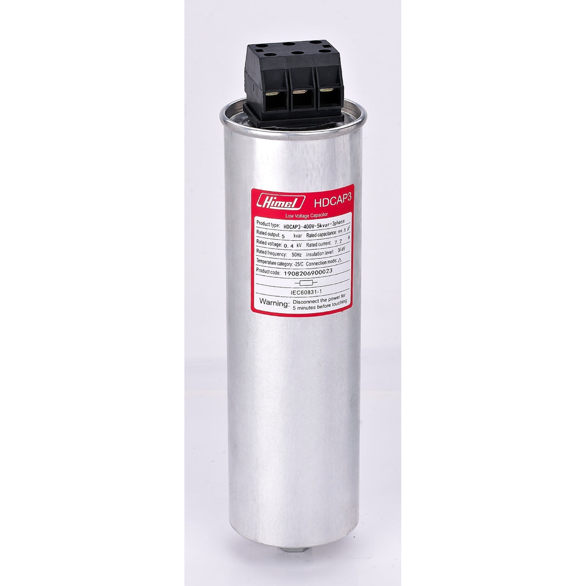 Himel HDCAP3 family reference photo; label shows 400V 5kVAr, listing variants are 440V 10–50kVAr | صورة مرجعية لمكثف هيمل
