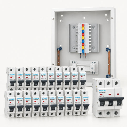 باقة تأسيس كهرباء هيونداي — لوحة ستار ترانس ببارات مع قواطع هيونداي HGD | Hyundai Foundations Bundle: Star Trans busbar board with Hyundai HGD MCBs