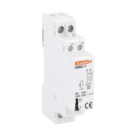 Lovato CNB2011230 Impulse Latching Relay | 20A, 1NO+1NC, 230V | إمبالس ريلاي لوفاتو CNB2011230 | ريلاي تثبيت 20 أمبير، 230 فولت