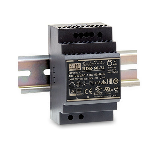 MEAN WELL HDR-60 official manufacturer product photo; output and option label may differ | مين ويل