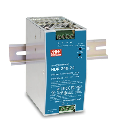 MEAN WELL NDR-240 official manufacturer product photo; output and option label may differ | مين ويل
