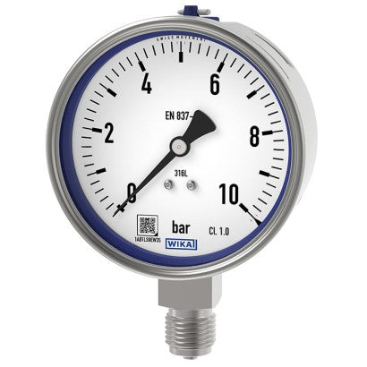 WIKA stainless steel pressure gauge, 0–60 bar, 100 mm, bottom entry