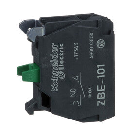 ZBE-101 فردي بلوك كونتاكت / نقطة كونتاكت مع ترامل براغي, 1 NO مفتوح, أسود housing و أخضر clamp, شنايدر إلكتريك Schneider